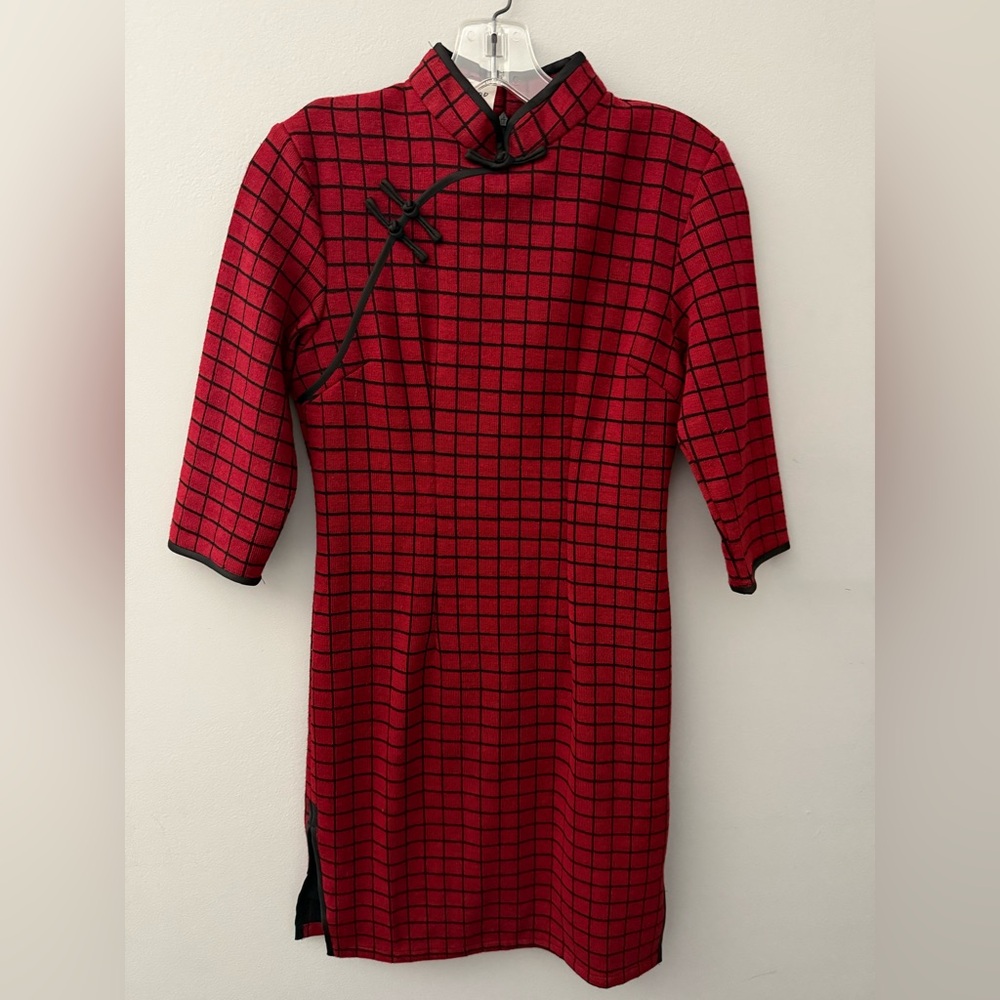 Red and Black Asymmetrical Sheath Dress with Mock Neck